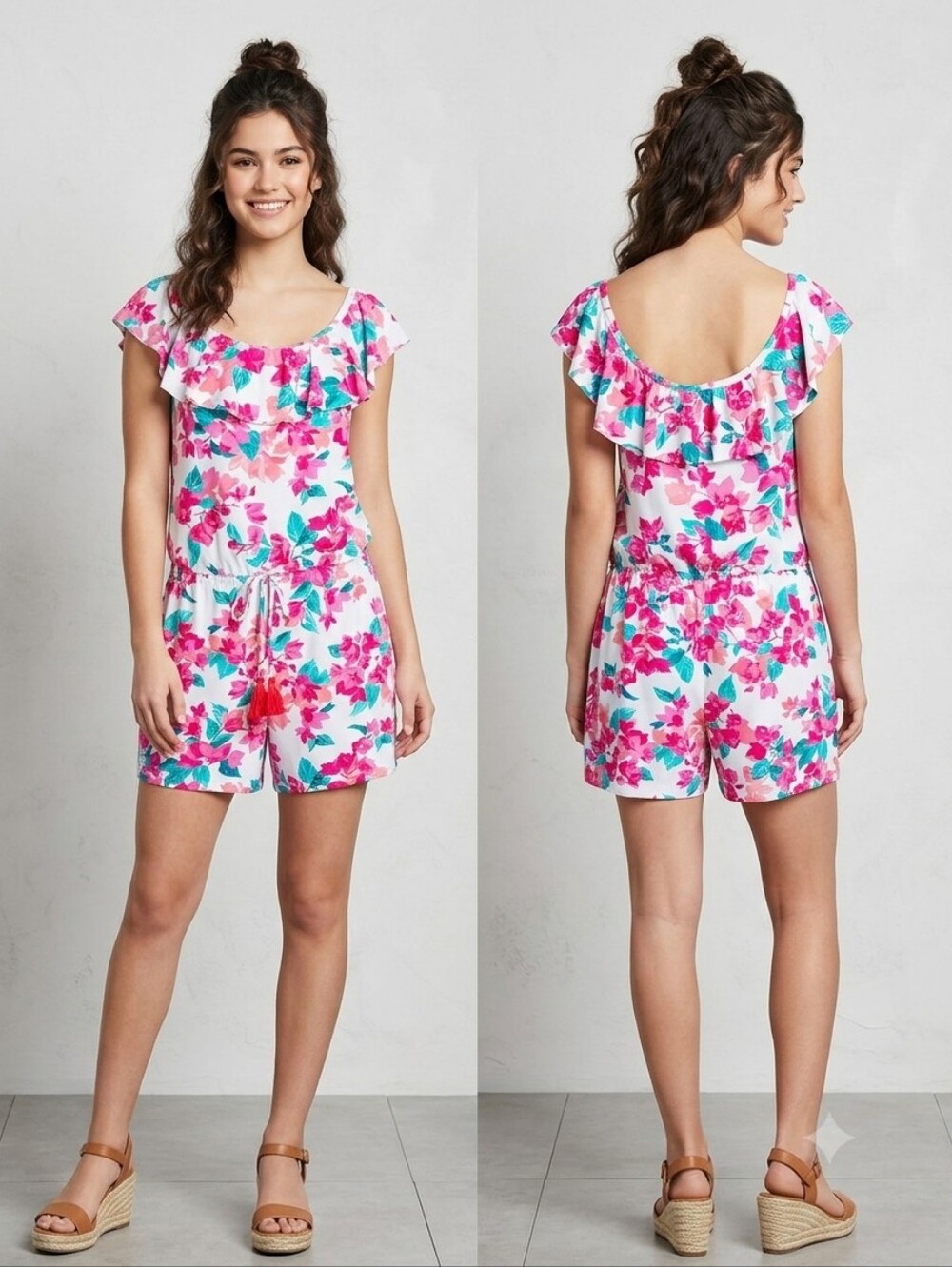 Tommy Bahama Pink Floral Ruffle-Trim Nap Romper
